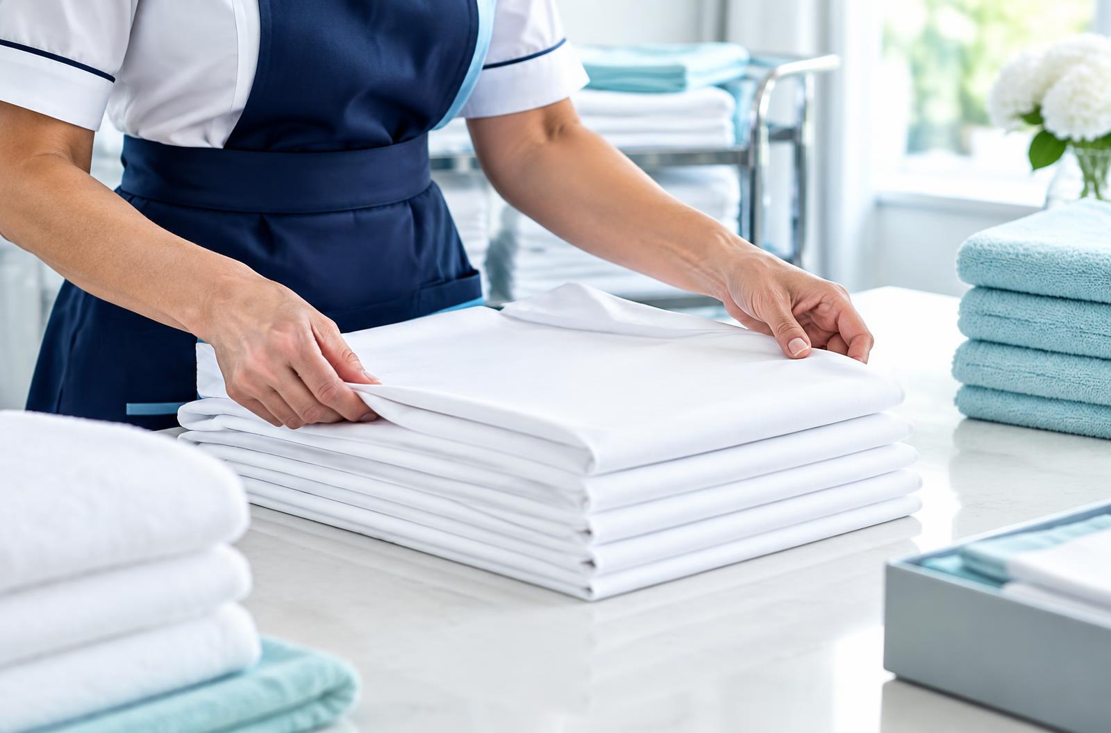 Fresh hotel linen being carefully folded